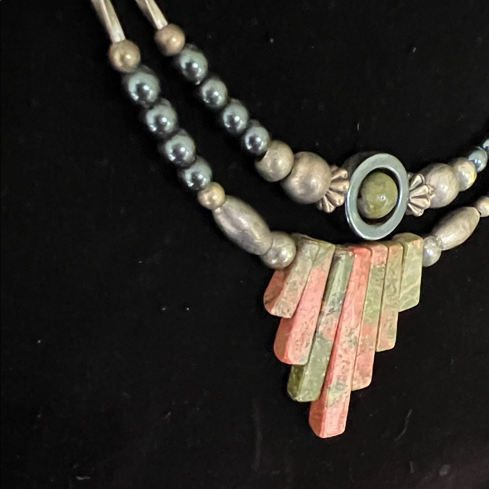 Ukanite Gemstone Fan Pendant Southwestern Beaded 19” Necklace - Picture 4 of 9